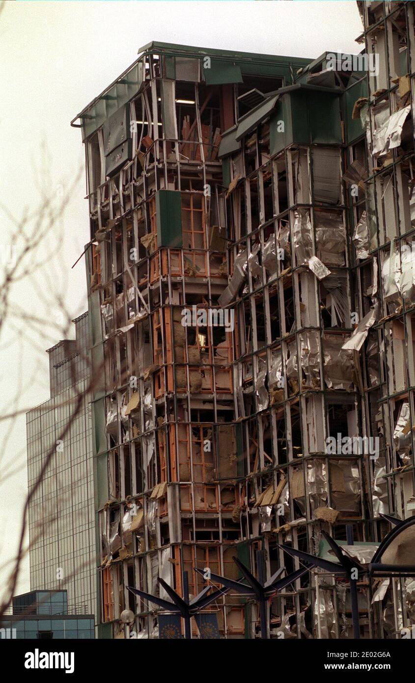 File photo dated 11/02/96 of the remains of Midland Bank, South Quay, in the Docklands area of London, following the IRA's bomb blast in the area. Newly released British Government archived papers published by the Public Record Office of Northern Ireland (PRONI) have revealed that Republican support for non-violence was a key ask from unionists before political talks which produced the Good Friday Agreement. Stock Photo