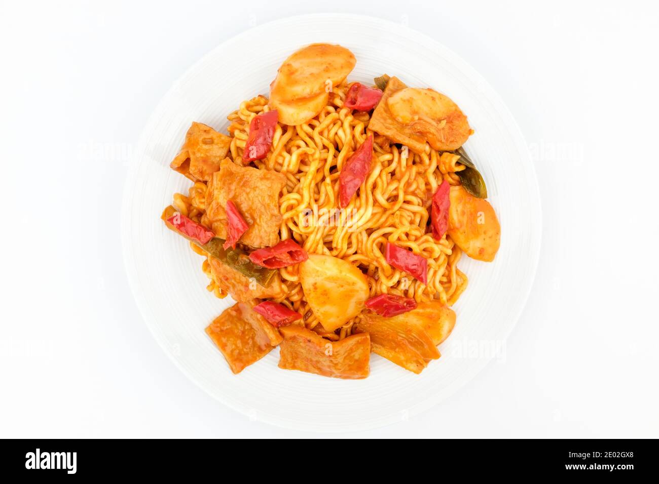 Tteokbokki with ramen. Korean food with rice cake and fish cake. Spicy