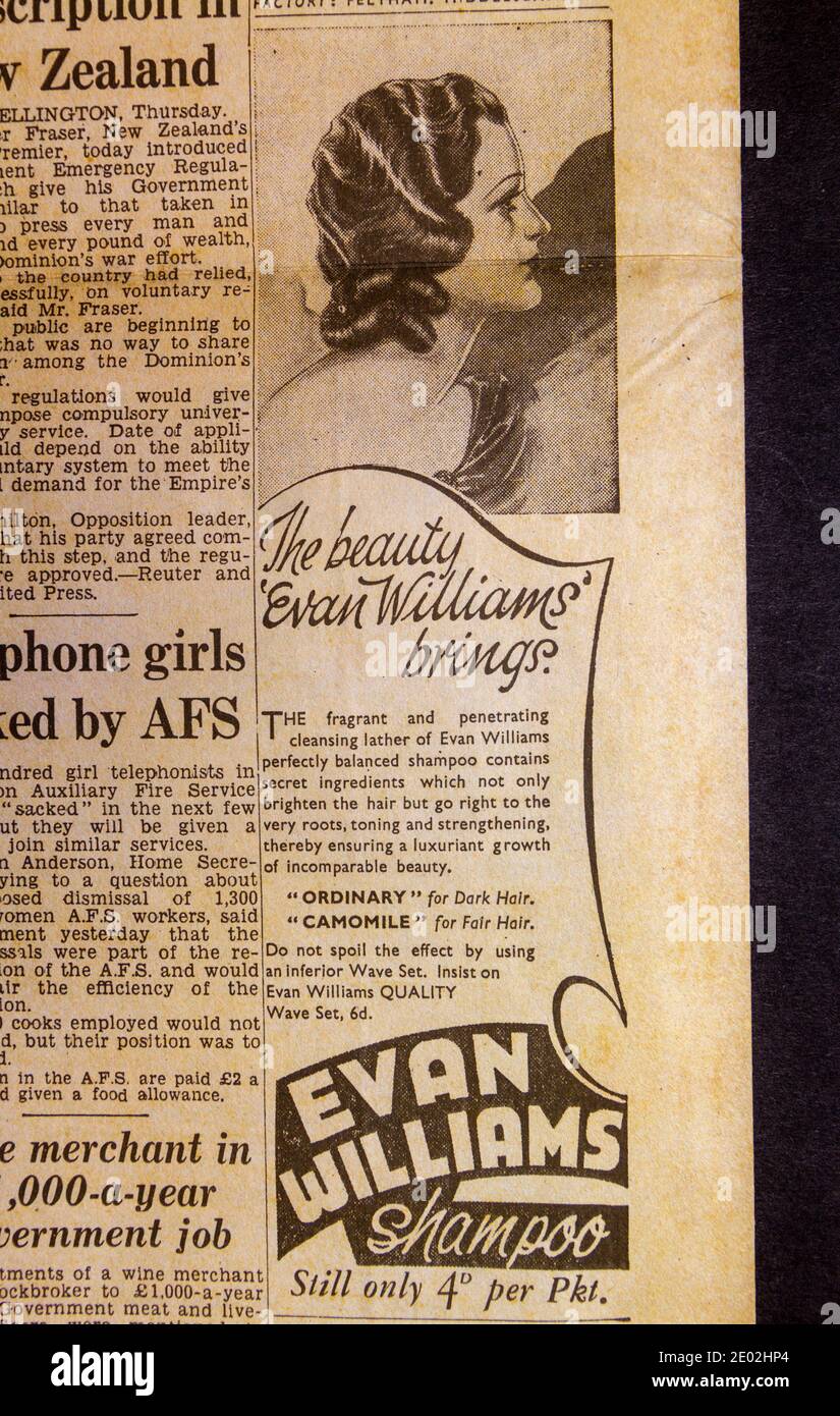 Advert for Evan Williams Shampoo in the Daily Express newspaper (replica)  on 31st May 1940 during the Dunkirk evacuation Stock Photo - Alamy