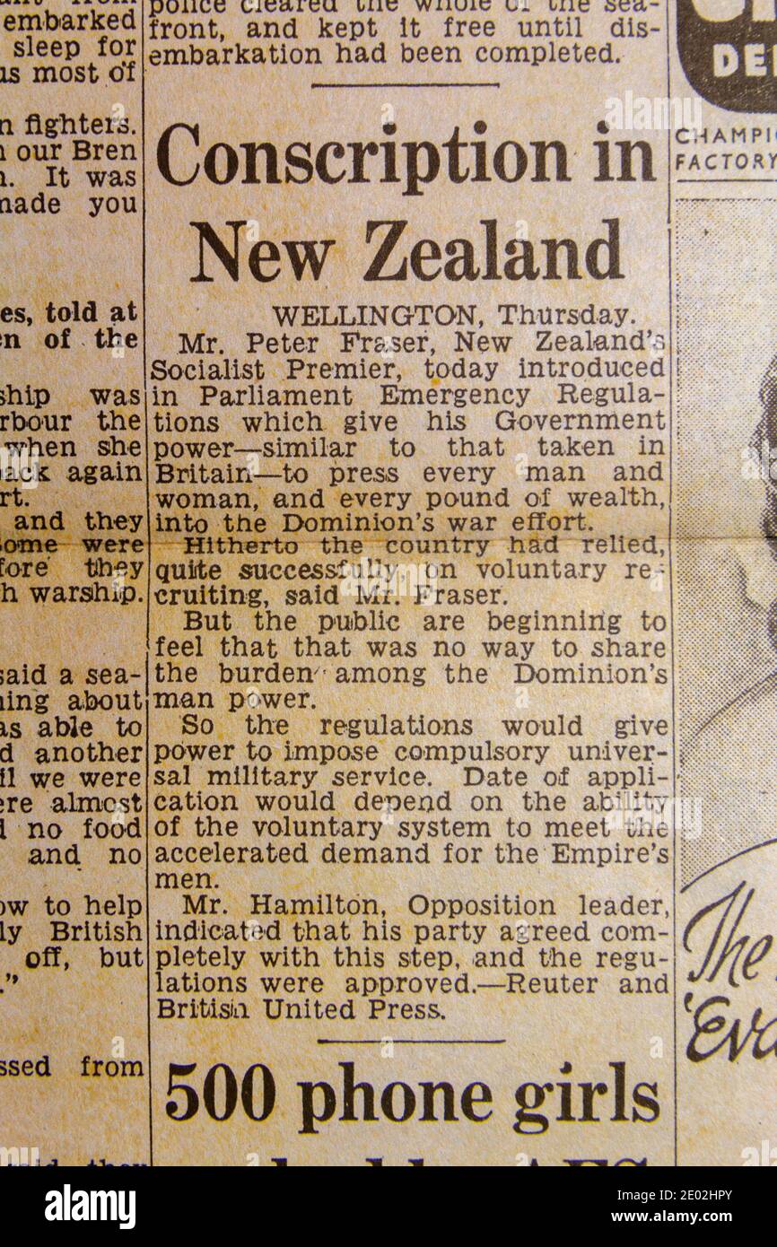 Article reporting the introduction of conscription in New Zealand, Daily Express (replica) newspaper on 31st May 1940. Stock Photo