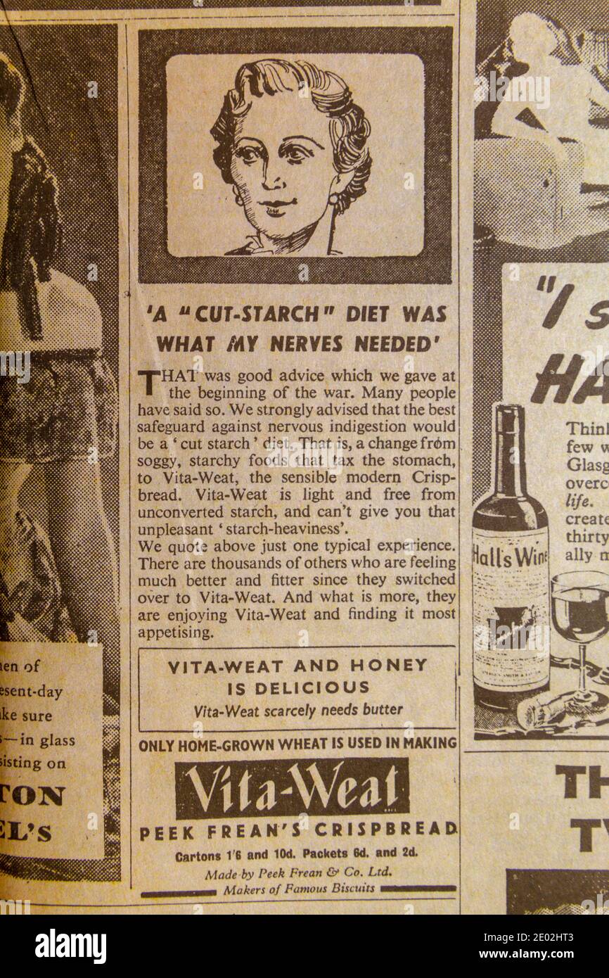 Advert for Vita-Weal crispbread in the Daily Express newspaper (replica) on 31st May 1940 showing the Dunkirk evacuation Stock Photo