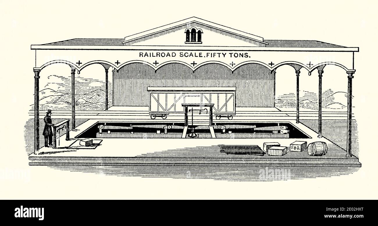An old engraving of enormous, undercover platform scales (weighbridge or truck scales) designed to weigh railway freight wagons manufactured by E and T Fairbanks and Company in the 1800s. It is from a Victorian mechanical engineering book of the 1880s. These scales could accurately weigh large loads on the rail tracks. American Thaddeus Fairbanks (1796 –1886) was an American inventor. In 1824 he built an iron foundry in St Johnsbury, Vermont, USA with his brother Erastus. Fairbanks’s most famous invention, ‘The Fairbanks Scales’, a platform scale, capable of weighing of very large loads. Stock Photo