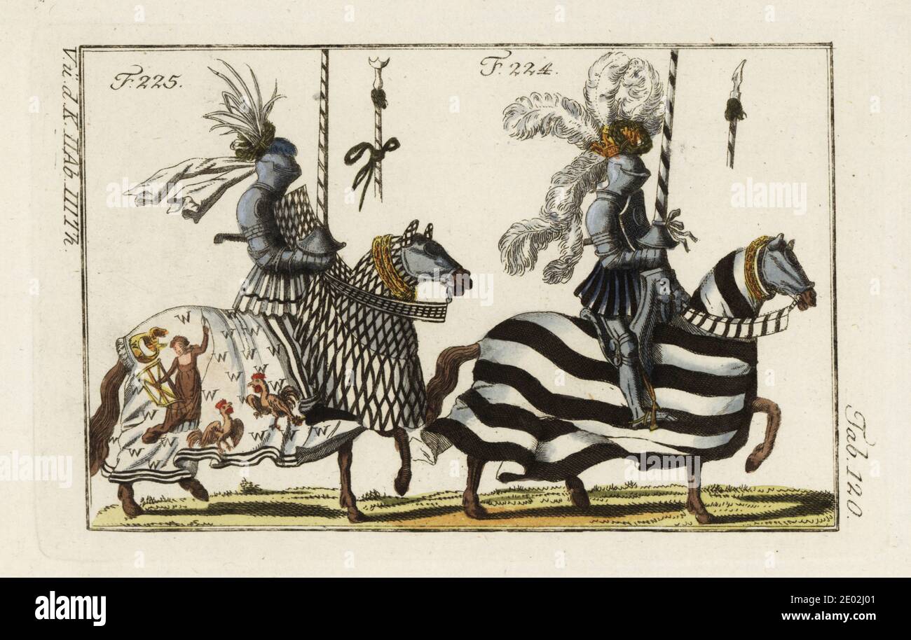 Two mounted knights in tournament colours for an Italian course (left) and  a German joust (right). The Italian courser is draped in black and white  colors, with a horse caparison decorated with