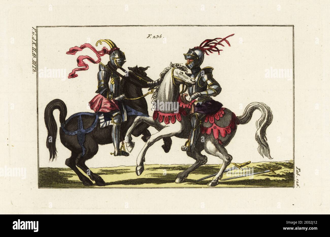 Two knights in plate armor on horseback fighting a duel with nooses in a tourney. The knight on the right has thrown his noose around his opponent's neck. Their swords lie on the ground. The knight on the black charger wears pink skirt and ribbons from his horned helmet. The knight at right has a purple skirt and purple ribbons from his helmet. Copied from a woodcut by Jost Amman in Ritterliche Reutter Kunst, 1584. Handcolored copperplate engraving from Robert von Spalart's Historical Picture of the Costumes of the Principal People of Antiquity and Middle Ages, Vienna, 1802. Stock Photo