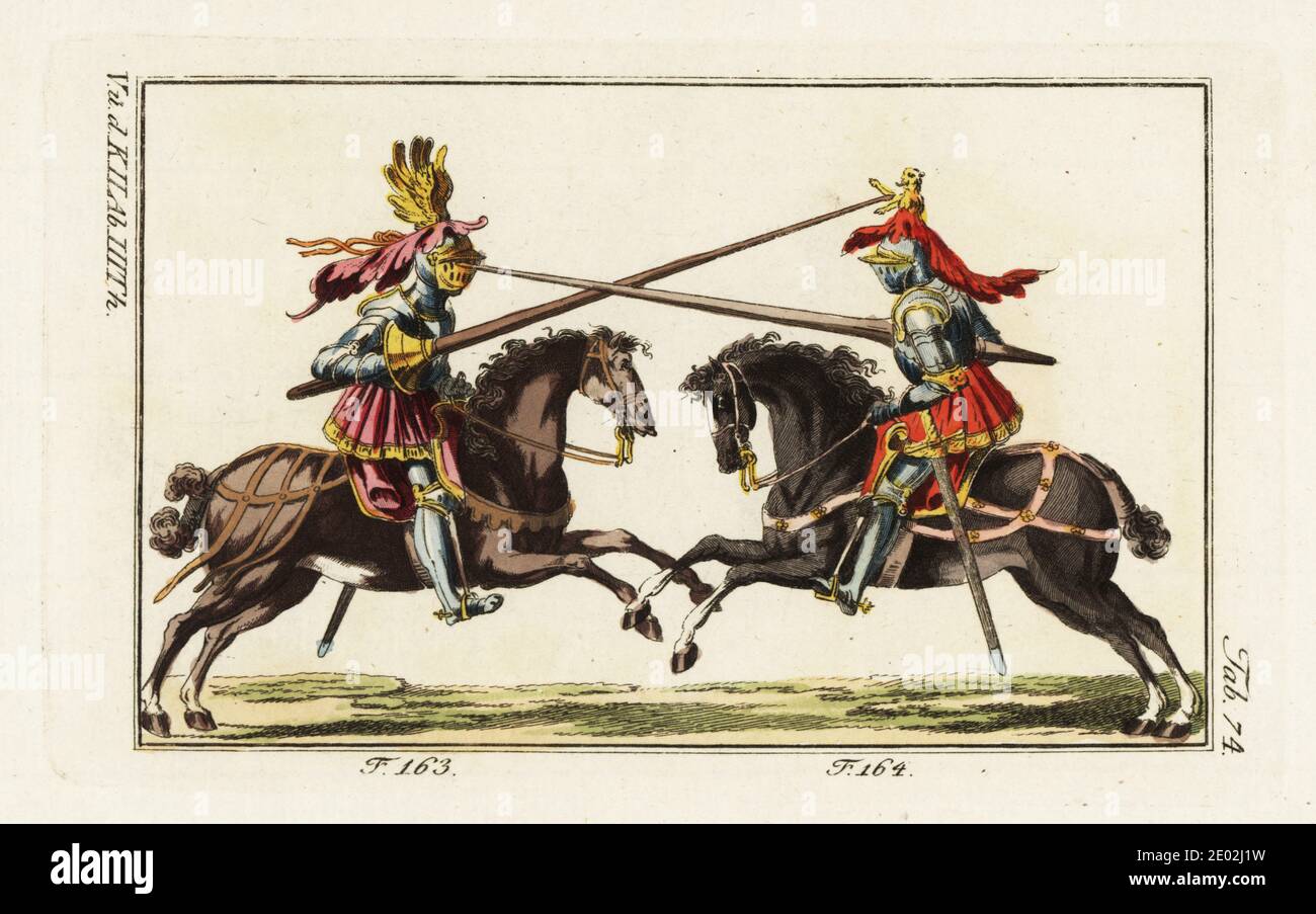 Two knights in plate armor on horseback fighting a duel with lances in a tourney. The knight on the right has aimed his lance at his opponent's helmet vizor 164, while the knight on the left aims at the lion rampant on his opponent's helmet 163. Copied from a woodcut by Jost Amman in Ritterliche Reutter Kunst, 1584. Handcolored copperplate engraving from Robert von Spalart's Historical Picture of the Costumes of the Principal People of Antiquity and Middle Ages, Vienna, 1802. Stock Photo