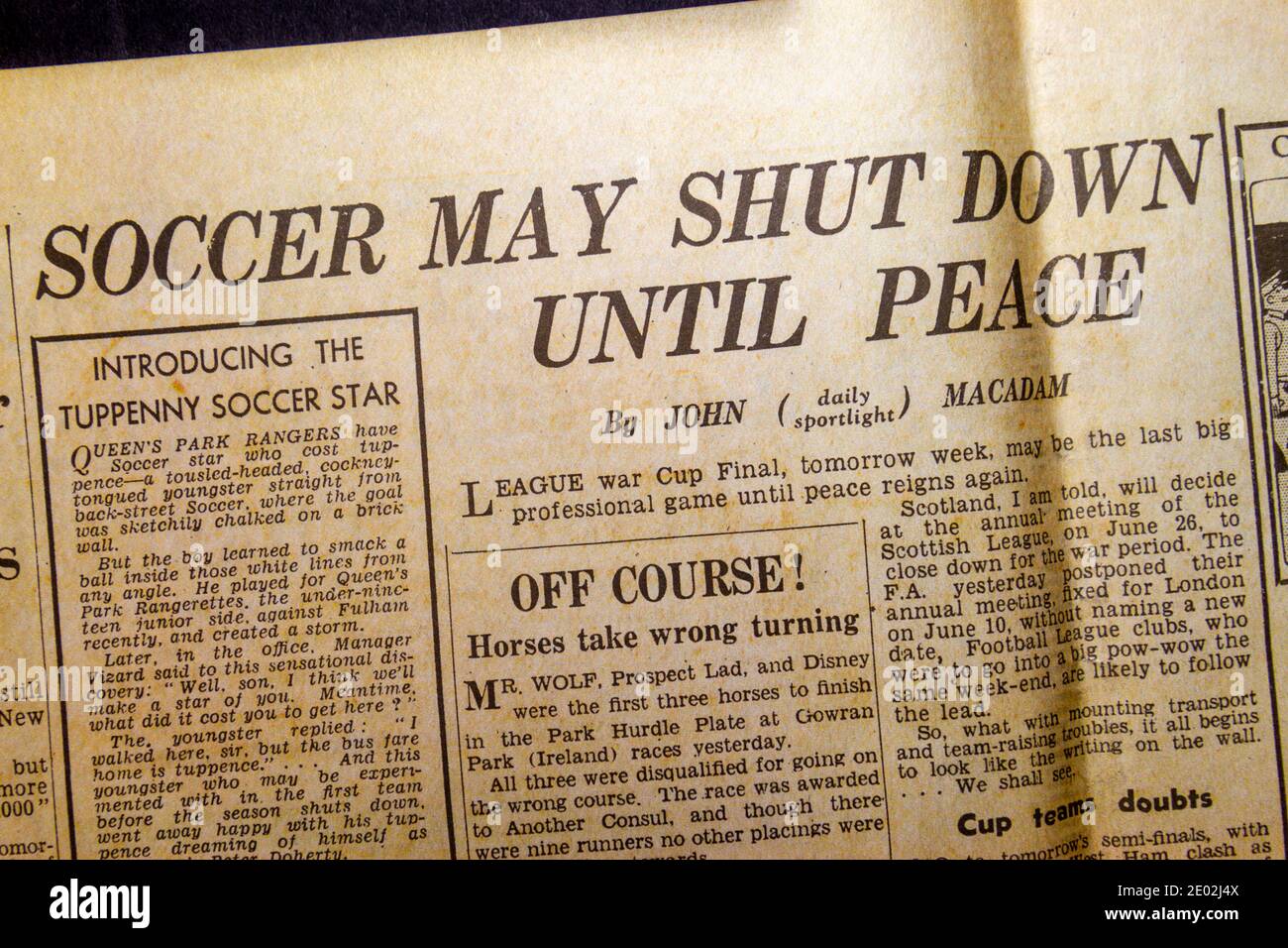 'Soccer may shutdown until peace' headline, Daily Express newspaper (replica) on 31st May 1940 during the Dunkirk evacuation. Stock Photo