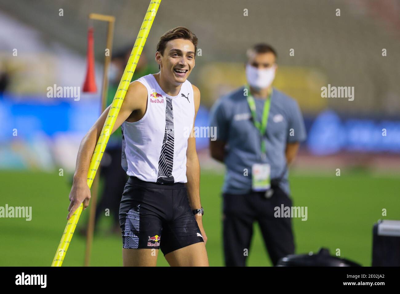 (201229) -- BEIJING, Dec. 29, 2020 (Xinhua) -- Sweden's Armand Duplantis reacts during the Pole Vault Men at the Diamond League Memorial Van Damme athletics event at the King Baudouin stadium in Brussels, Belgium, Sept. 4, 2020. Duplantis, 21, broke the pole vault world record twice, conquering 6.17m and 6.18m on back-to-back weekends in February. The Swede also set a world outdoor all-time best of 6.15m in September and finished the year undefeated in 16 competitions. He is the youngest athlete ever named World Athlete of the Year at the World Athletics Awards 2020. (Xinhua/Zheng Huansong)TOP Stock Photo