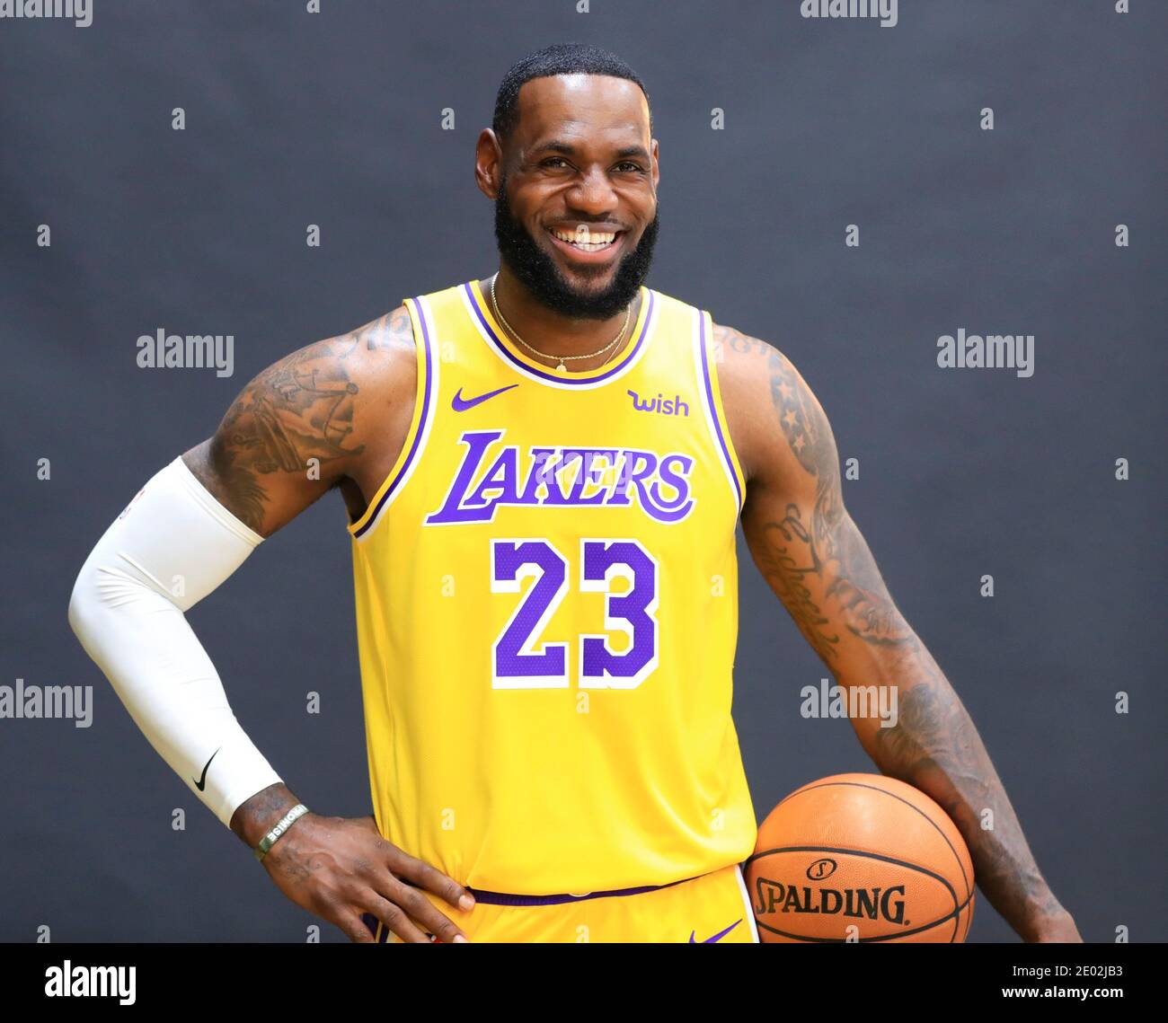 Beijing, USA. 27th Sep, 2019. Lebron James of Los Angeles Lakers poses for a picture during media day in Los Angeles, the United States, Sept. 27, 2019. The 36-year-old James led the Los Angles Lakers to win the NBA 2019-20 season with an average of 29.8 points, 11.8 rebounds, and 8.5 assists in the finals, crowned his fourth NBA finals MVP. Credit: Li Ying/Xinhua/Alamy Live News Stock Photo