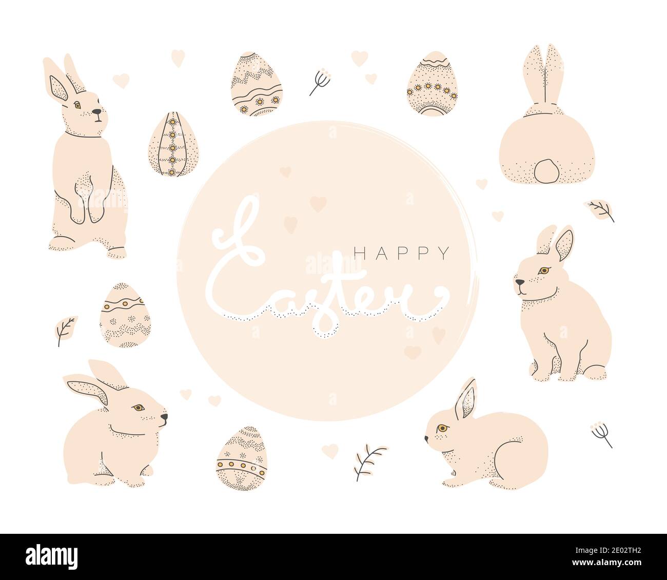 Easter bunnies and decorative eggs. Happy Easter lettering. Vector elements for design for Easter concept. Stock Vector
