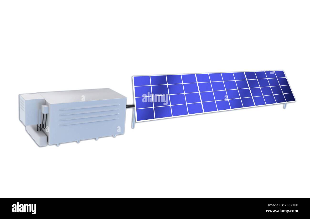 3D illustration of solar panel with an electric storage unit. Isolate