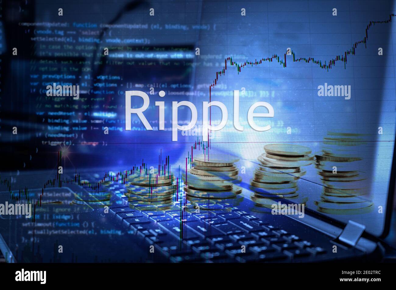 Ripple inscription against laptop and code background.  Cryptocurrency concept. Stock Photo