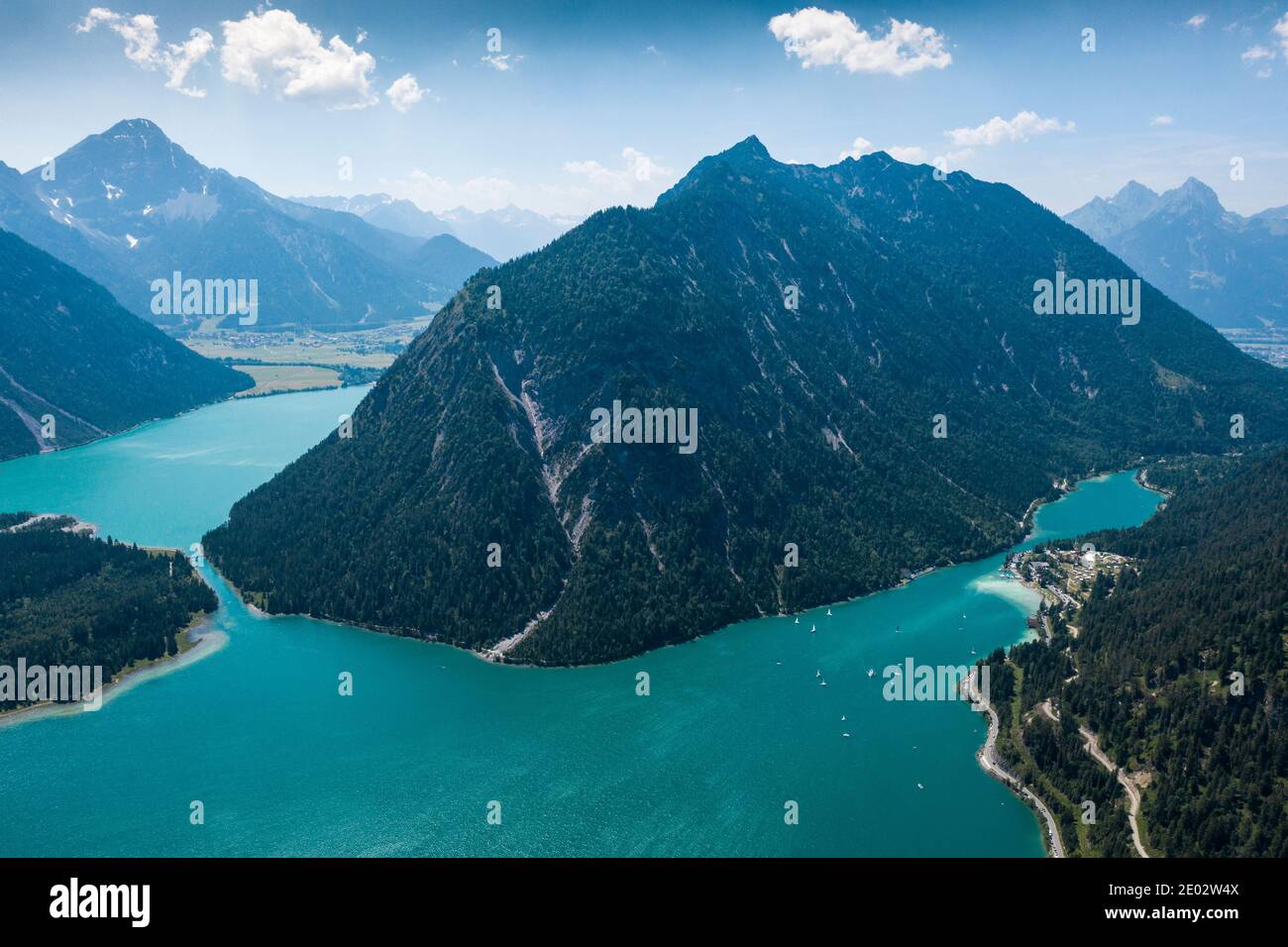 South of Plansee with Kleiner Plansee right and Lake Heiterwang left, Tyrol, Austria Stock Photo