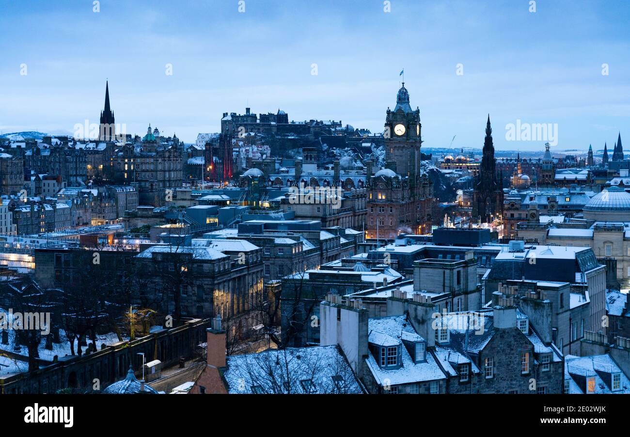 Early morning winter skyline view of Edinburgh from Calton Hill after snow , Scotland, UK Stock Photo