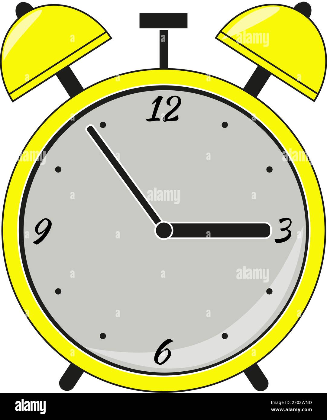 Bright yellow with gray alarm clock on a white background. Alarm clock
