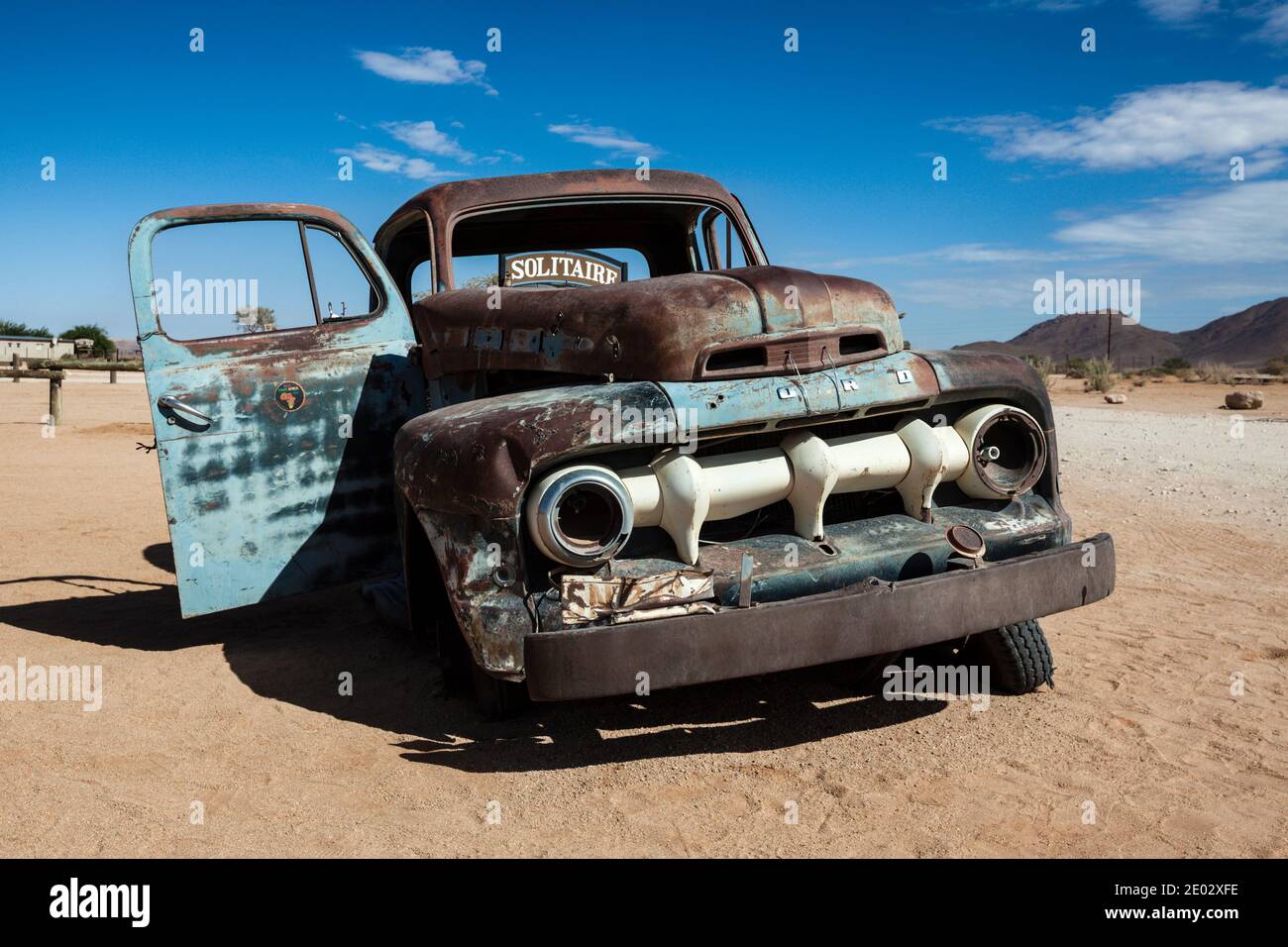 Car Wreck at Solitaire, Namib Naukluft Park, Namibia Stock Photo