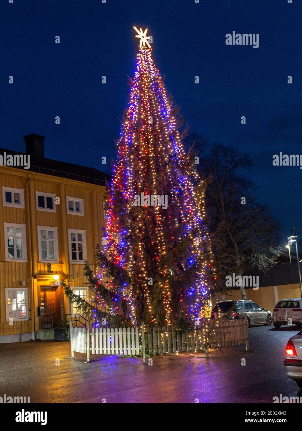 Night at the Main square (Stora torget) at night at Christmas time, Malmkoping,Sweden. photo Bo Arrhed Stock Photo