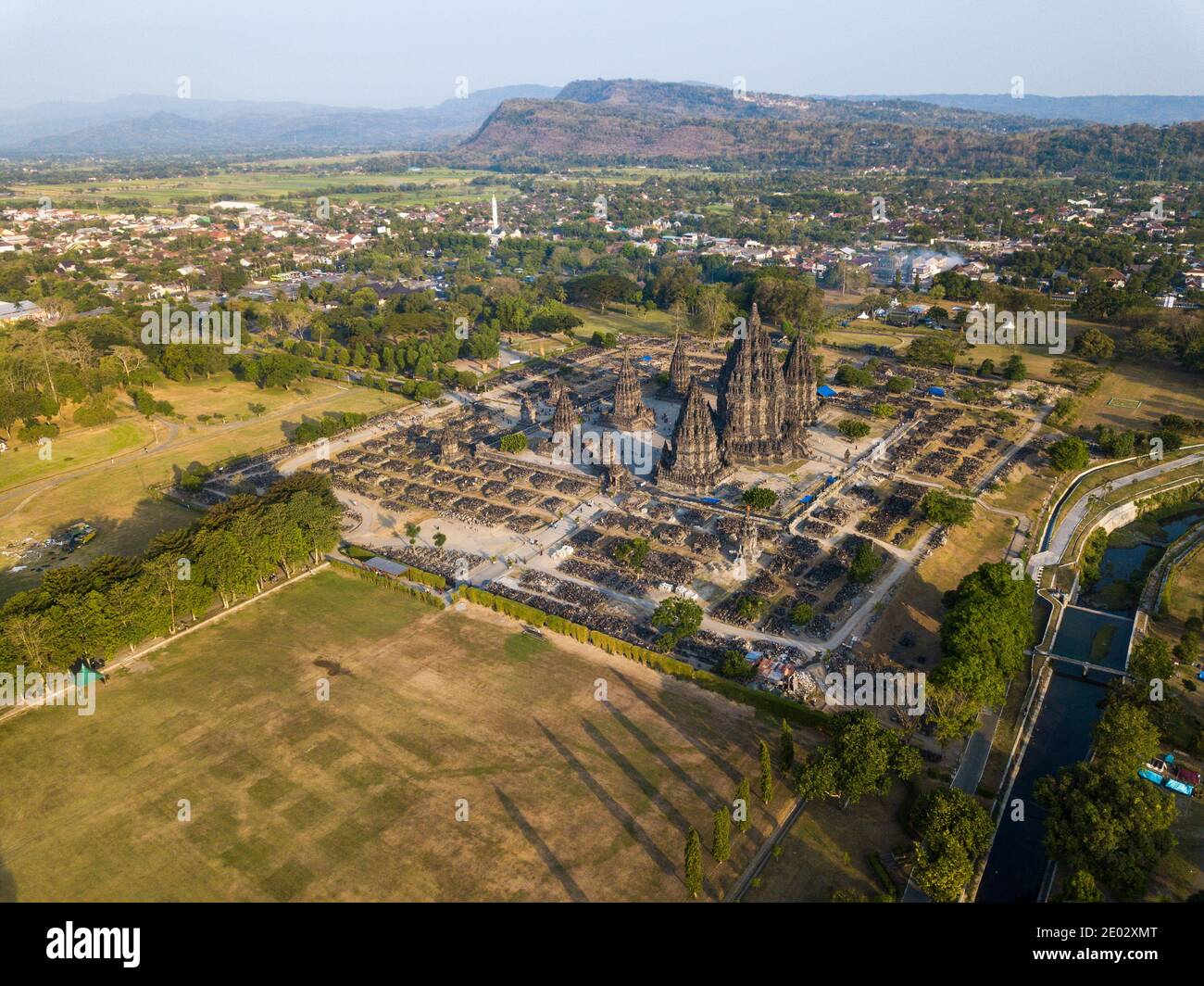 Prambanan Hindu temple drone view In Yogyakarta Indonesia Stock Photo