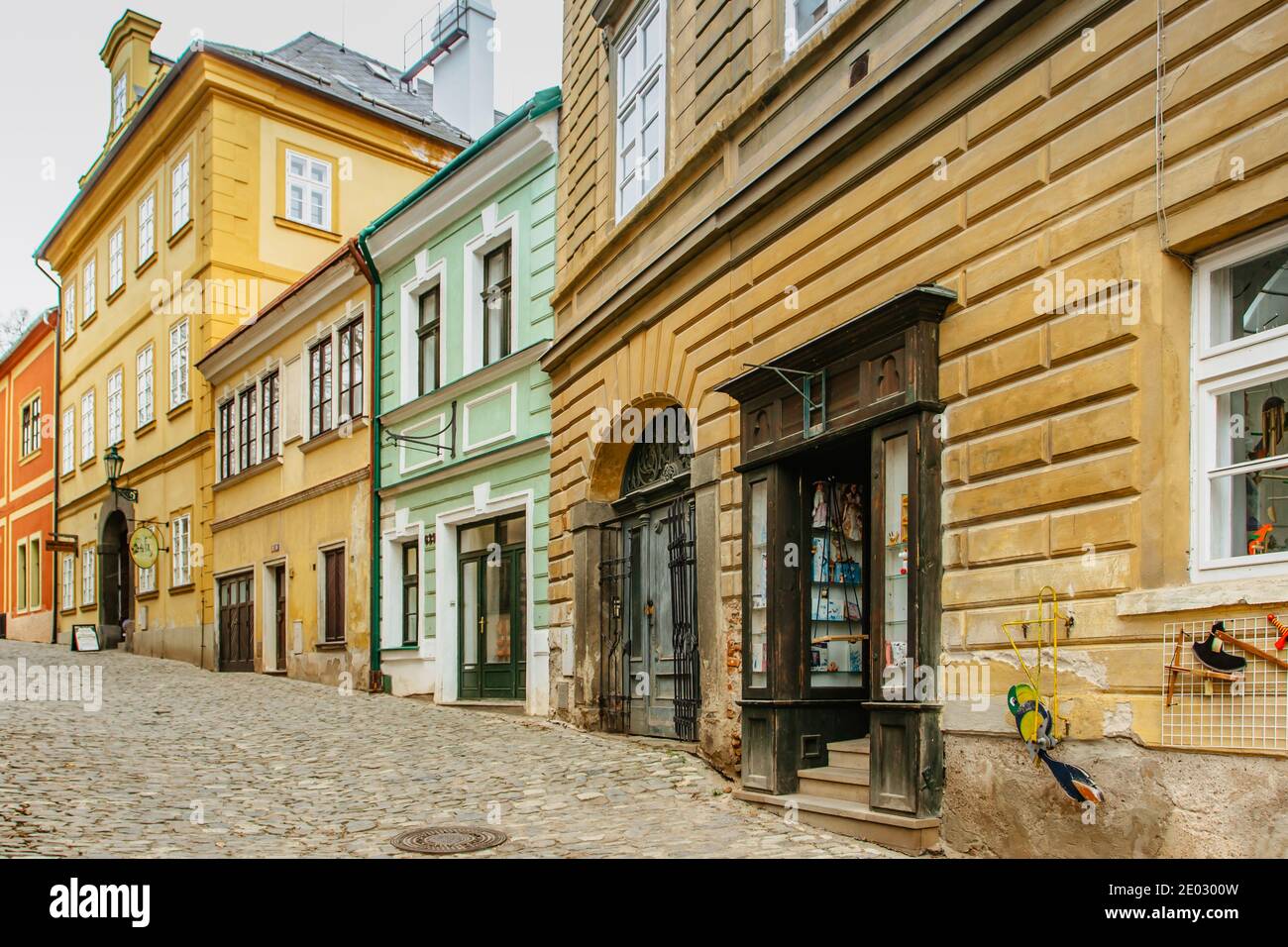 Colorful facades and cobblestone street in the historic center of Kutna Hora, Czech Republic,Europe.UNESCO world heritage site.Czech popular tourist d Stock Photo