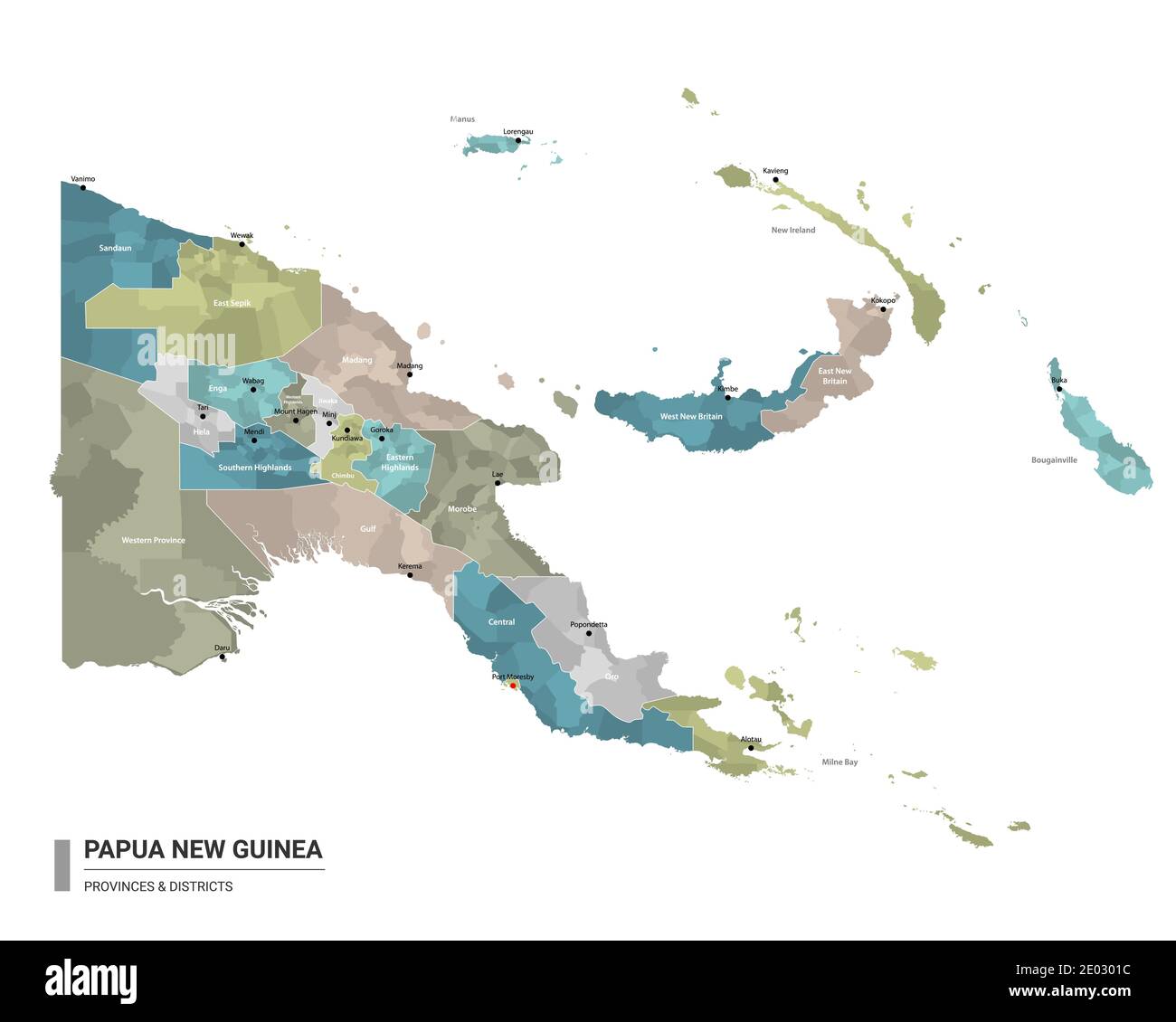 Papua New Guinea higt detailed map with subdivisions. Administrative map of Papua New Guinea with districts and cities name, colored by states and adm Stock Vector