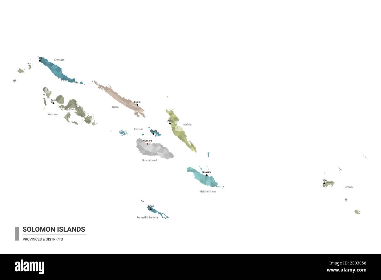 Solomon Islands higt detailed map with subdivisions. Administrative map of Solomon Islands with districts and cities name, colored by states and admin Stock Vector