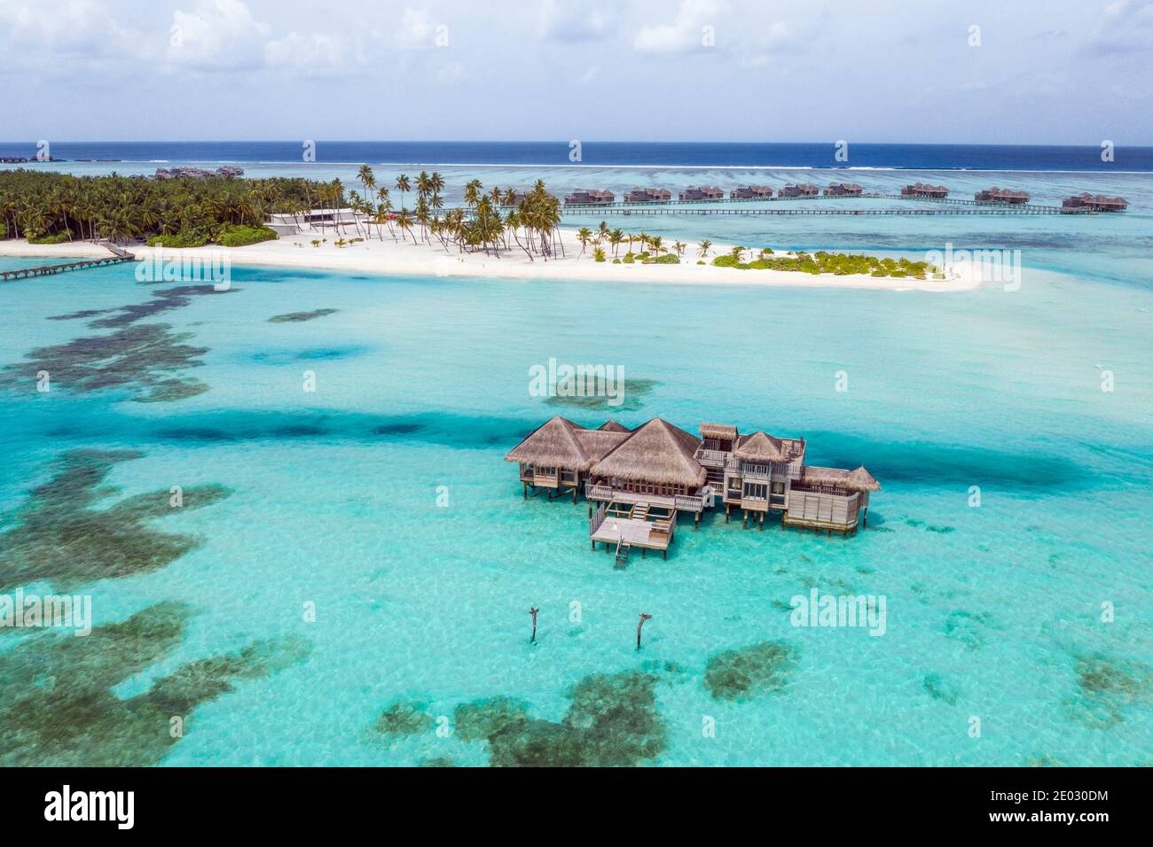 Aerial View of Vacation Island Lankanfushi, North Male Atoll, Indian Ocean, Maldives Stock Photo