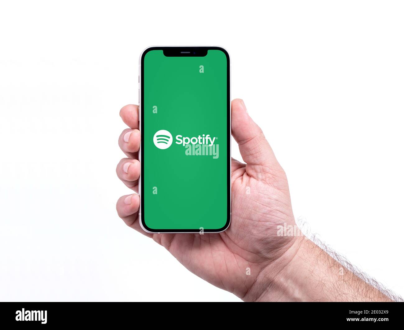 Antalya, TURKEY - December 25, 2020. iPhone 12 smart phone screen showing Spotify logo. Stock Photo