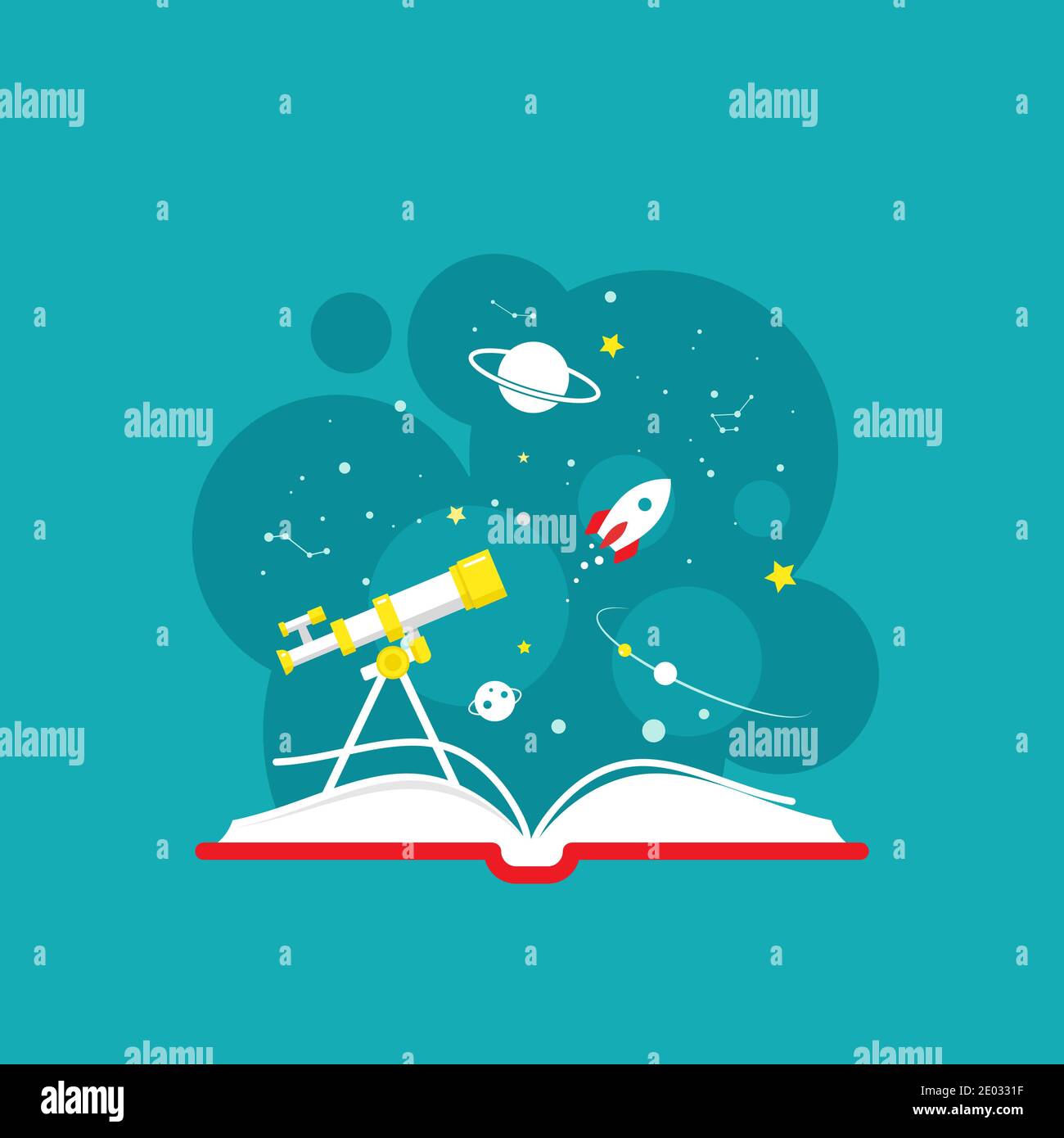 Open book with space, telescope and rocket ship. Vector flat