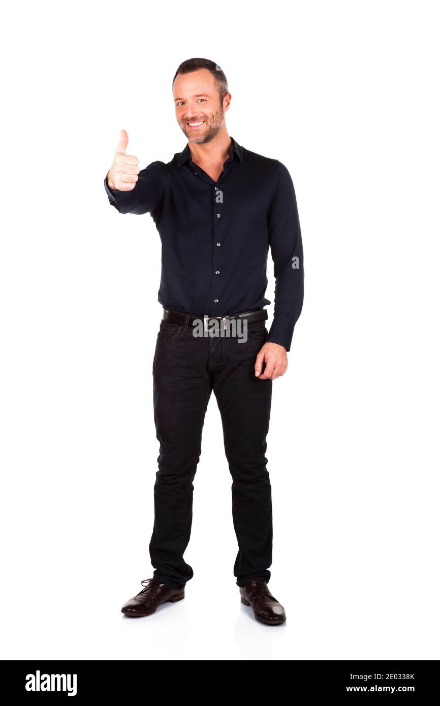 Happy smiling man showing thumb up isolated on white background Stock ...