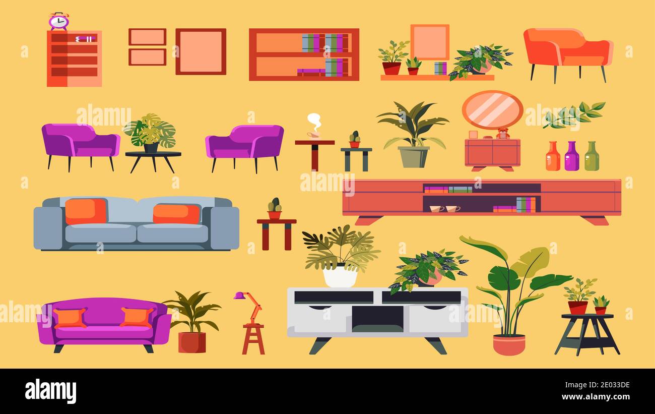 Furniture vector illustration set. Cartoon flat furnishings design with sofa armchair, lamp, table, house plants. Designer trendy items for home apart Stock Vector