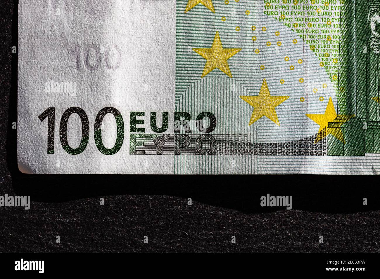 Selective focus on detail of euro banknotes. Close up macro detail of ...
