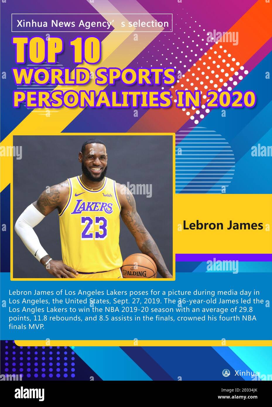 Beijing, USA. 27th Sep, 2019. Lebron James of Los Angeles Lakers poses for a picture during media day in Los Angeles, the United States, Sept. 27, 2019. 36-year-old James led the Los Angles Lakers to win the NBA 2019-20 season with an average of 29.8 points, 11.8 rebounds, and 8.5 assists in the finals, crowned his fourth NBA finals MVP. Credit: Shi Manke/Xinhua/Alamy Live News Stock Photo