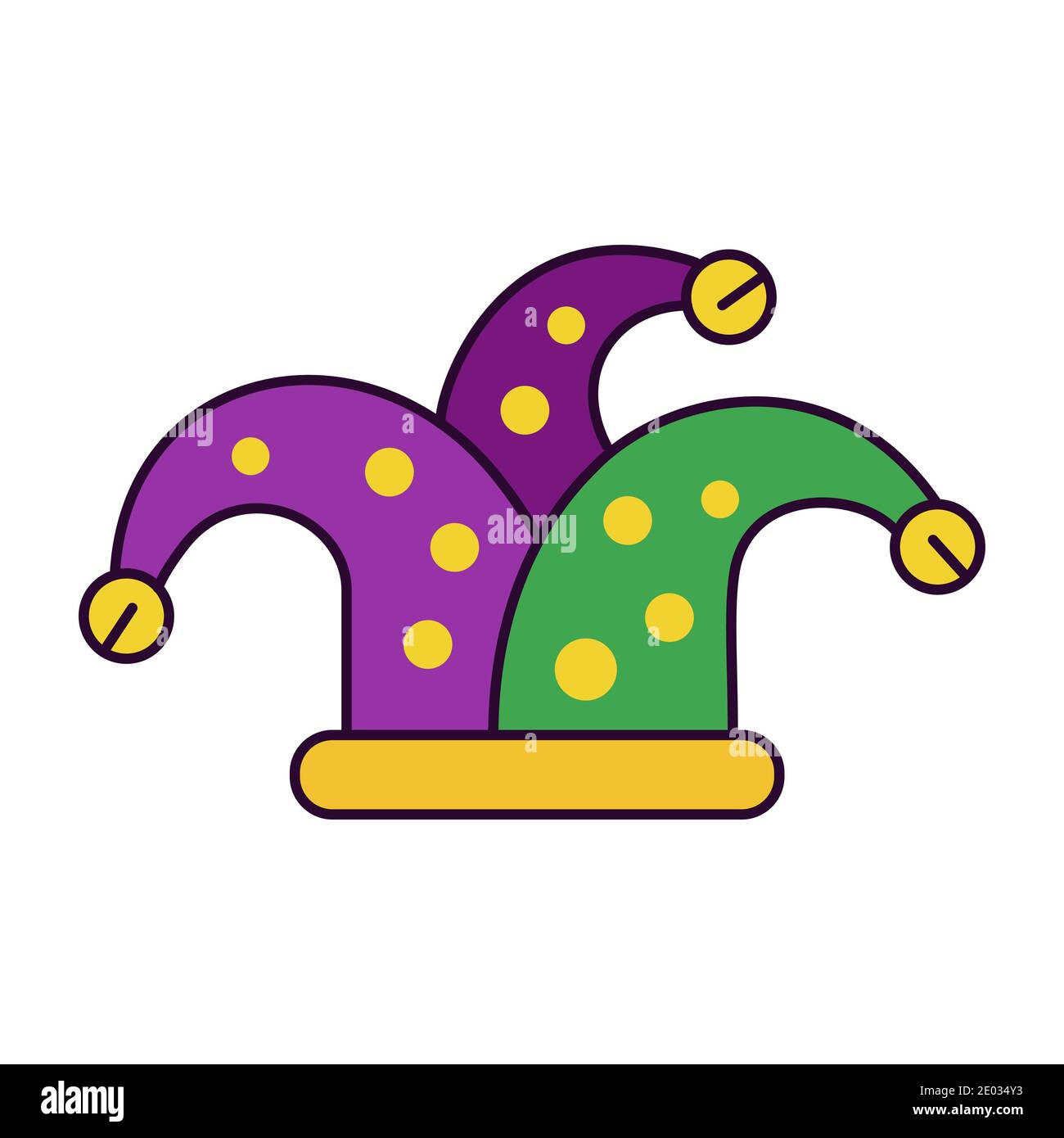 Bright icon with soft masquerade jester hat in traditional purple-green-yellow palette. Symbol of middle ages, theater, costume party, carnival in hon Stock Vector