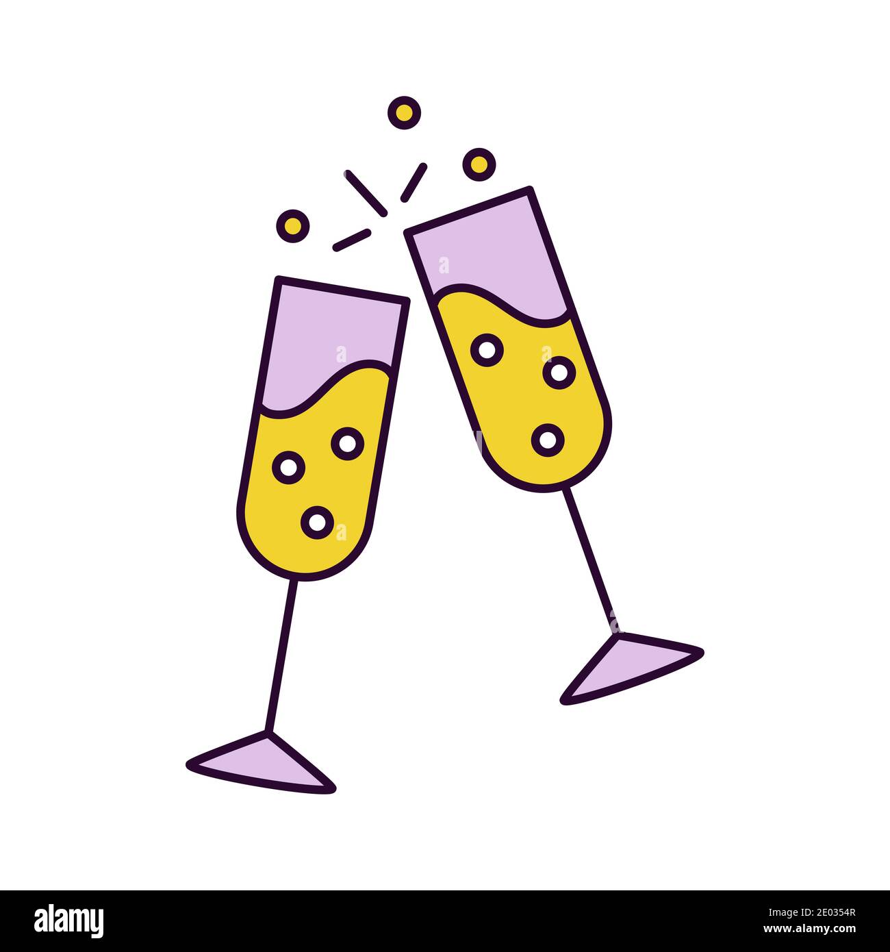 Web icon of two clinked glasses filled by champagne. Symbol of party, wedding, buffet, New Year eve or formal event - vector pictogram Stock Vector