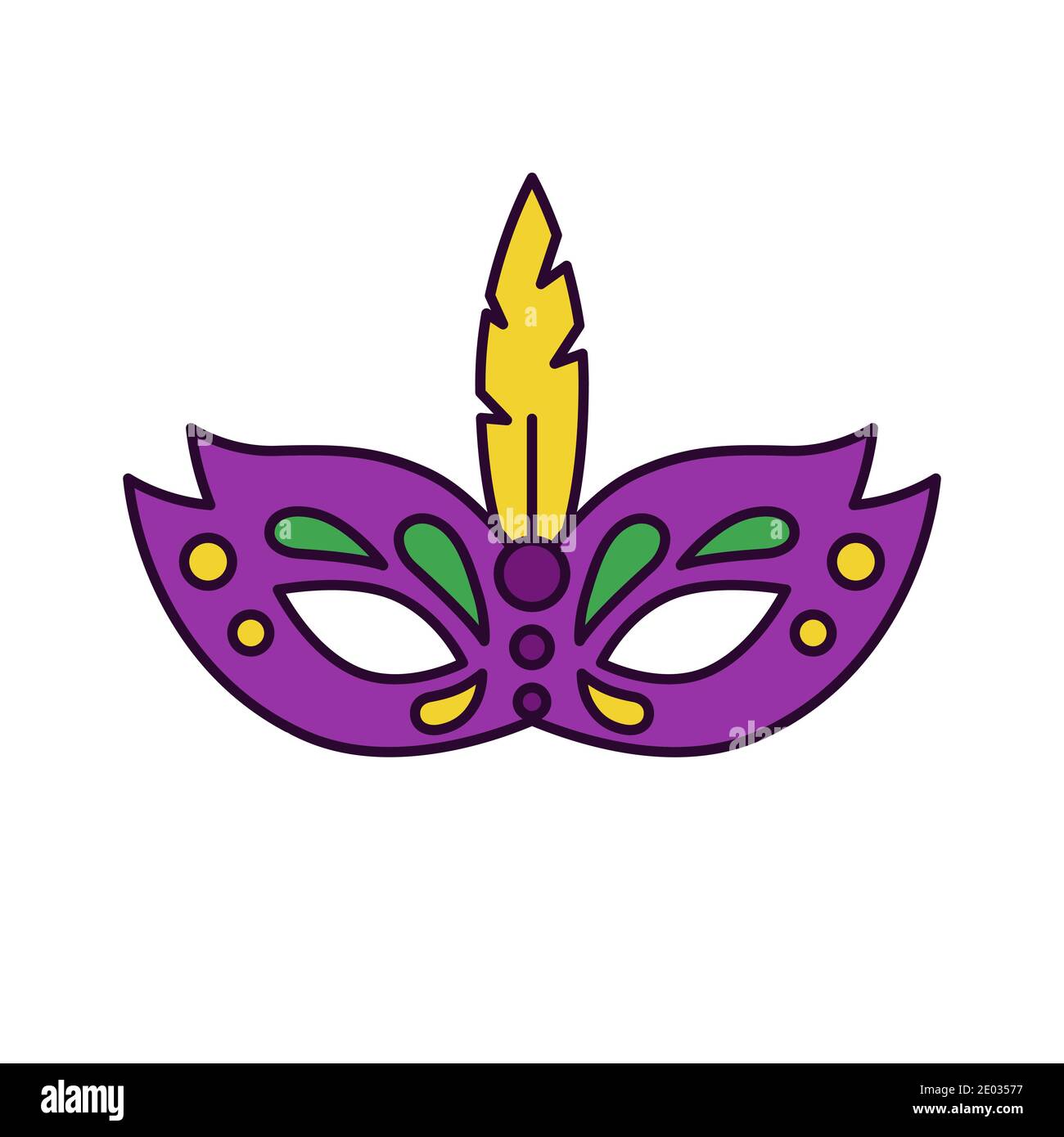 Bright icon of ornate venetian mask with feather and gems in traditional purple-green-yellow palette. Symbol of Mardi Gras or Fat Tuesday Stock Vector