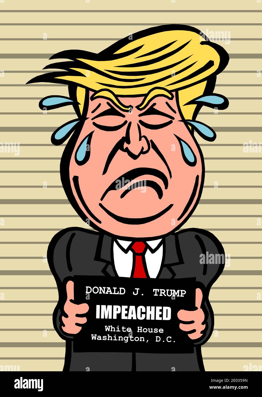 MAY 23, 2017: Donald Trump is impeached. Impeachment of President of United states of America / USA. Vector cartoon illustration - mug shot of deposed Stock Photo