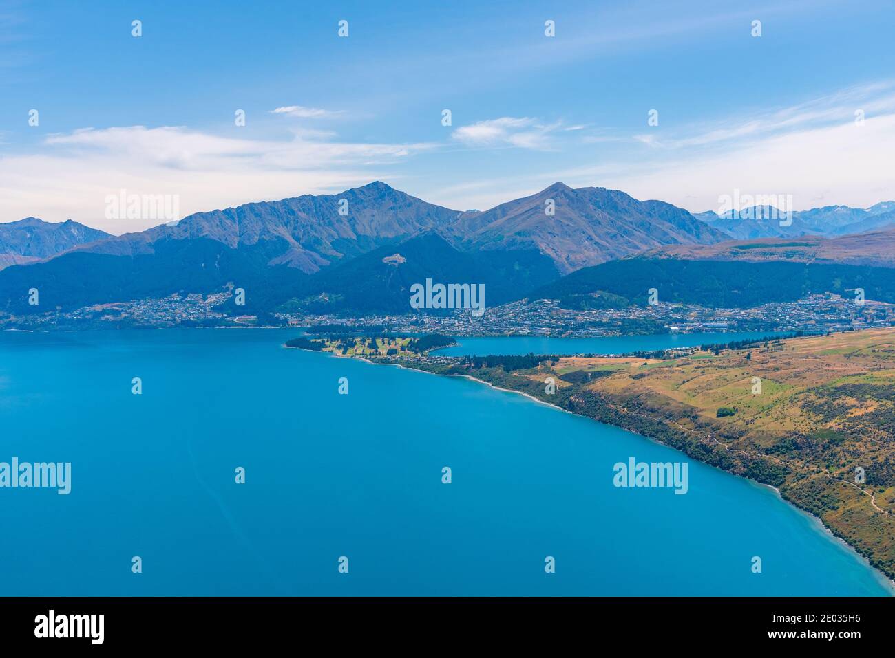 Aerial view of Queenstown at lake Wakatipu in New Zealand Stock Photo ...