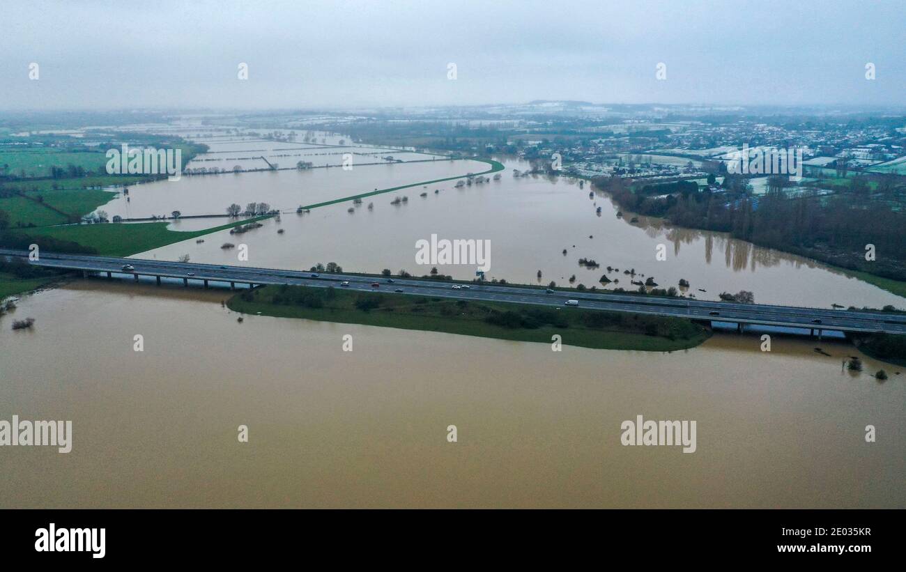 The M5 motorway is surrounded by water near Bredon, Worcestershire. Stock Photo