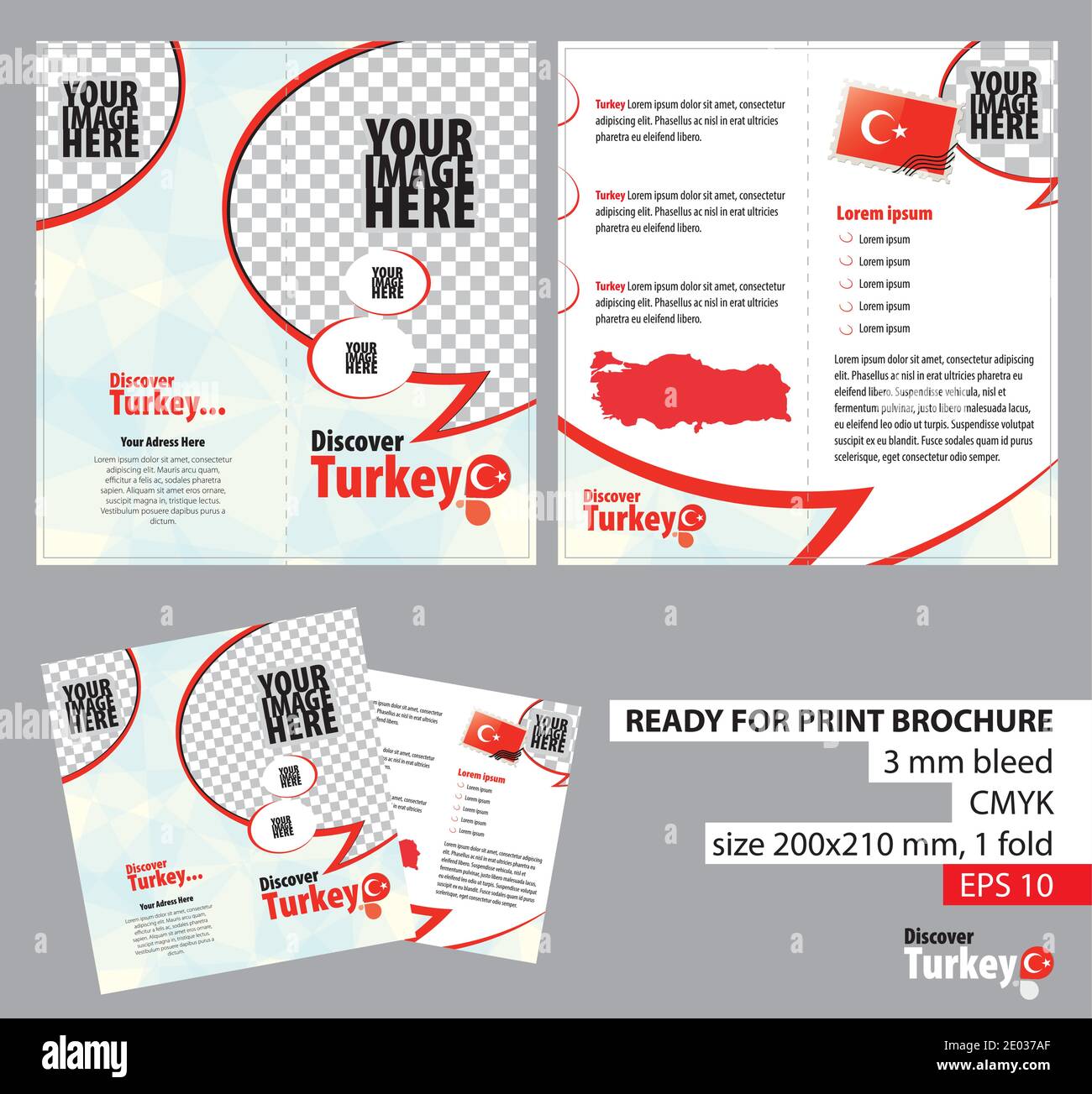Brochure Design Template, Discover Turkey. Ready for Print, 3 mm Bleed. Vector Illustration. Stock Vector