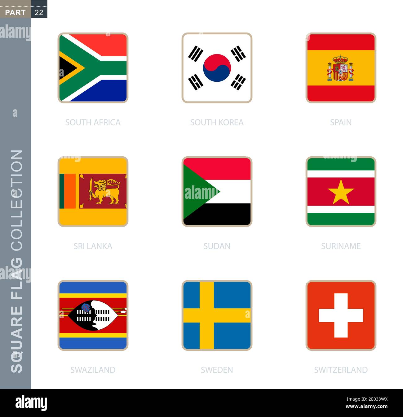 Square flags collection of the world. Square flags of South Africa, South Korea, Spain, Sri Lanka, Sudan, Suriname, Swaziland, Sweden, Switzerland Stock Vector