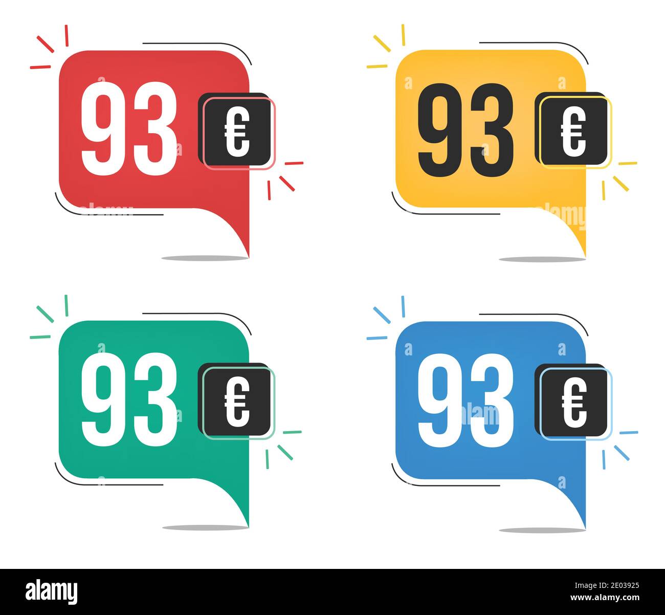 93 euro price. Yellow, red, blue and green currency tags with speech  balloon concept. Stock Vector