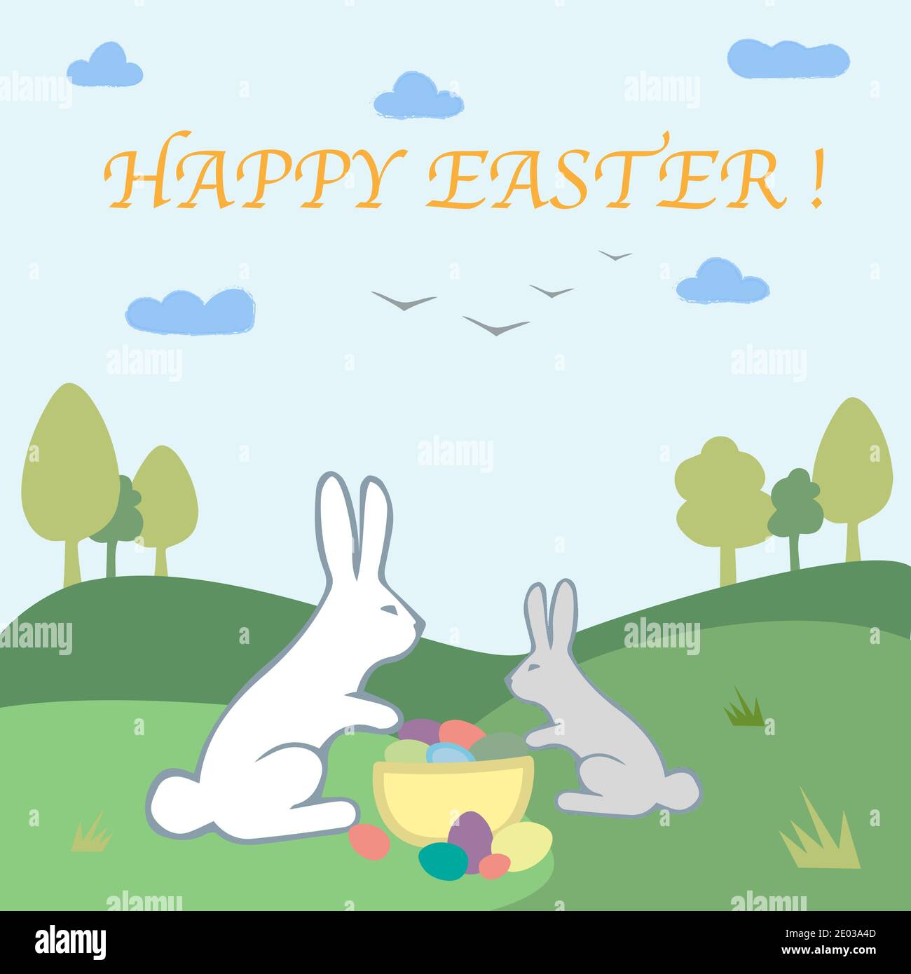 Green spring sunny lawns with bunnies, eggs, trees and phrase Happy