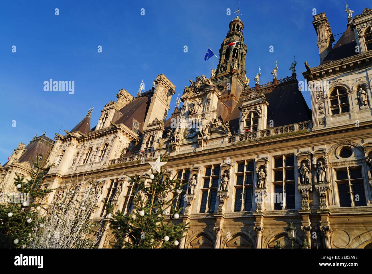 PARIS, FRANCE -18 DEC 2020- Christmas decorations in front of the Hotel de Ville (City Hall), in the 4th arrondissement of Paris. The mayor is sociali Stock Photo
