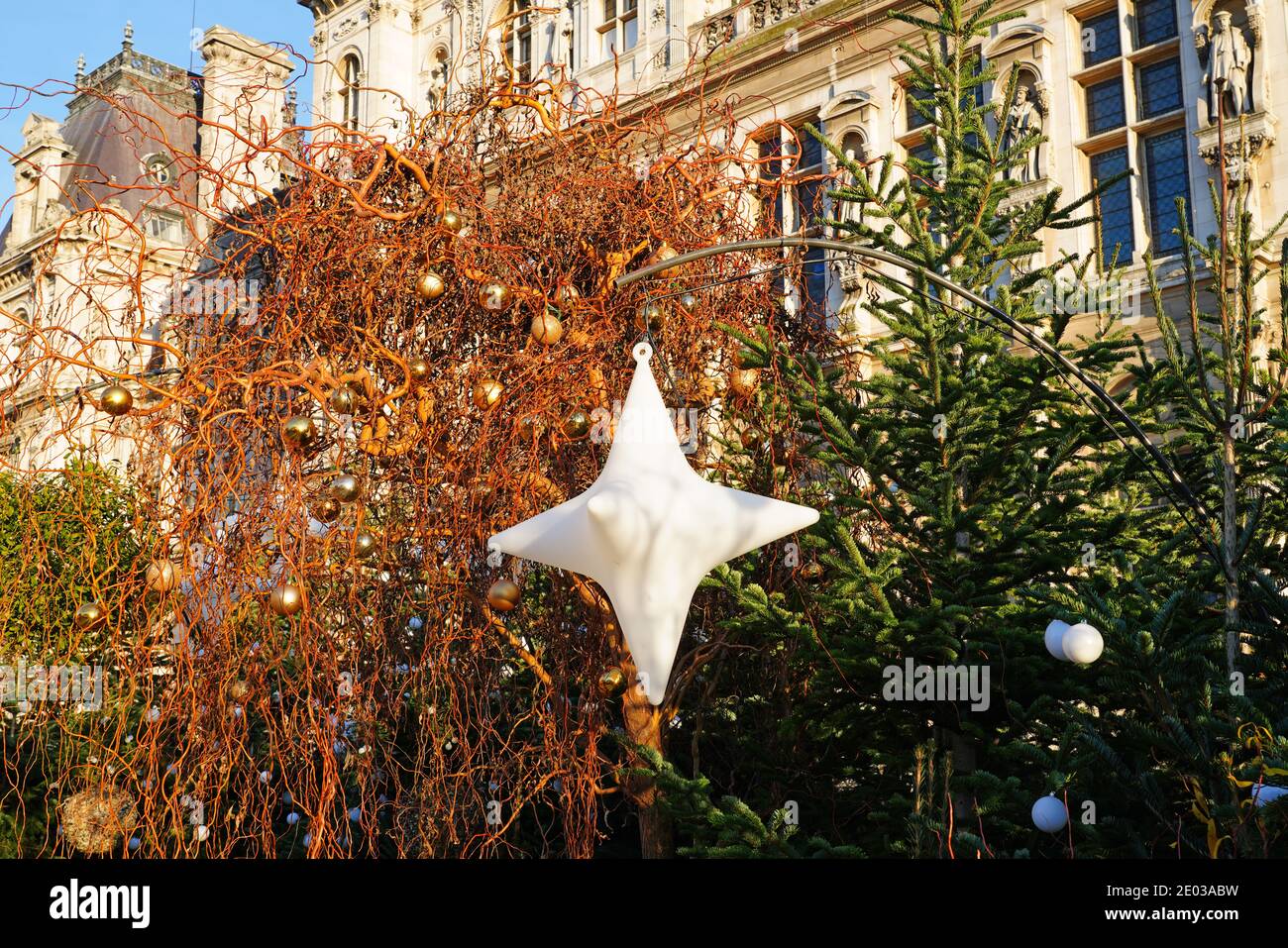 PARIS, FRANCE -18 DEC 2020- Christmas decorations in front of the Hotel de Ville (City Hall), in the 4th arrondissement of Paris. The mayor is sociali Stock Photo