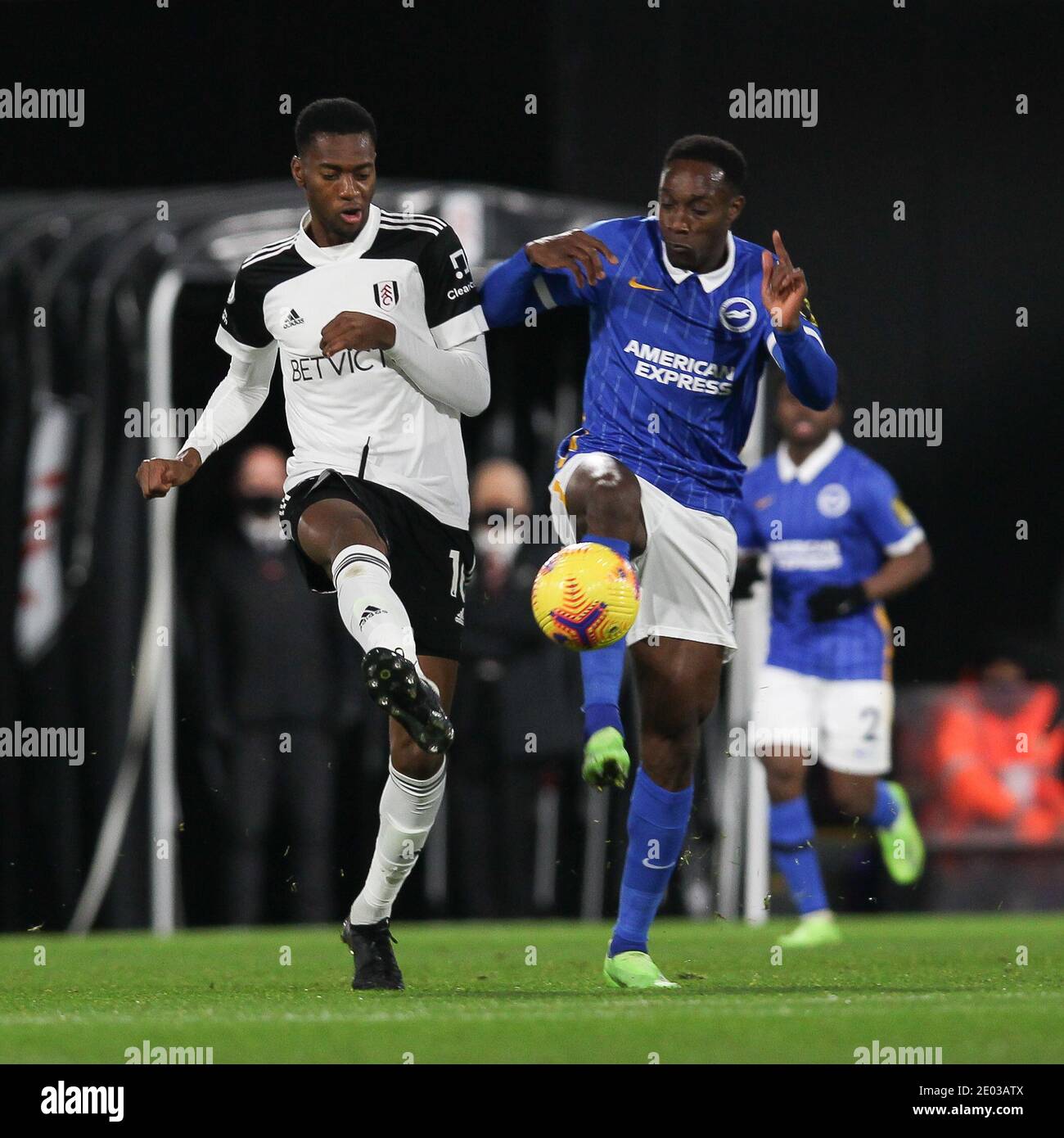 London, UK. 28th Dec, 2020. Tosin Adarabioyo of Fulham is challenged by Danny Welbeck of Brighton & Hove Albion during the Premier League match between Fulham and Brighton and Hove Albion at Craven Cottage, London, England on 16 December 2020. Photo by Ken Sparks. Editorial use only, license required for commercial use. No use in betting, games or a single club/league/player publications. Credit: UK Sports Pics Ltd/Alamy Live News Stock Photo