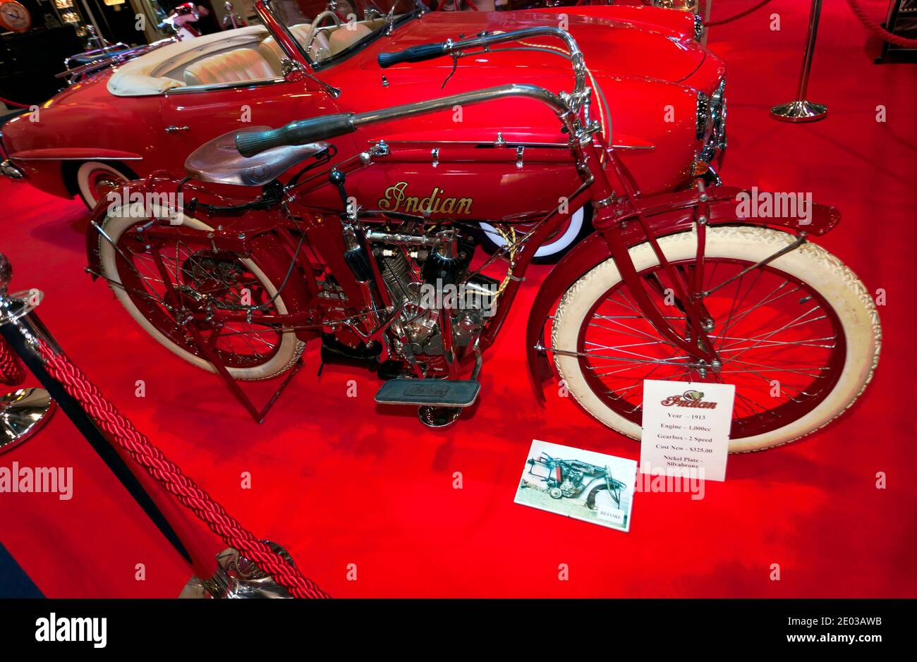View of a Restored 1913 1000cc Indian Motorcycle on display at