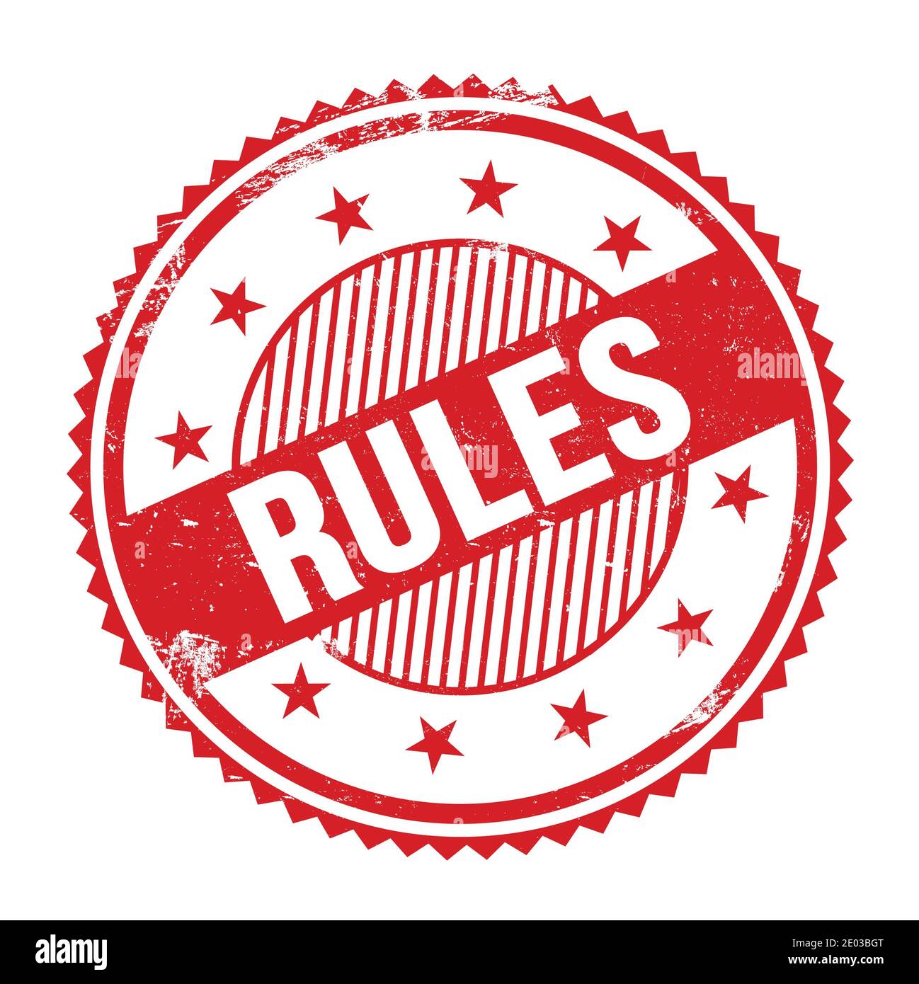 RULES text written on red grungy zig zag borders round stamp Stock ...
