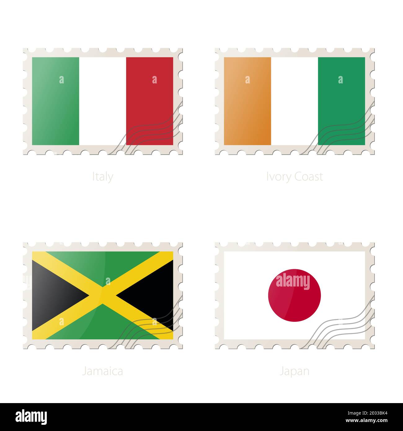 Postage stamp with the image of Italy, Ivory Coast, Jamaica, Japan flag. Jamaica, Japan, Italy, Ivory Coast Flag Postage on white background with shad Stock Vector