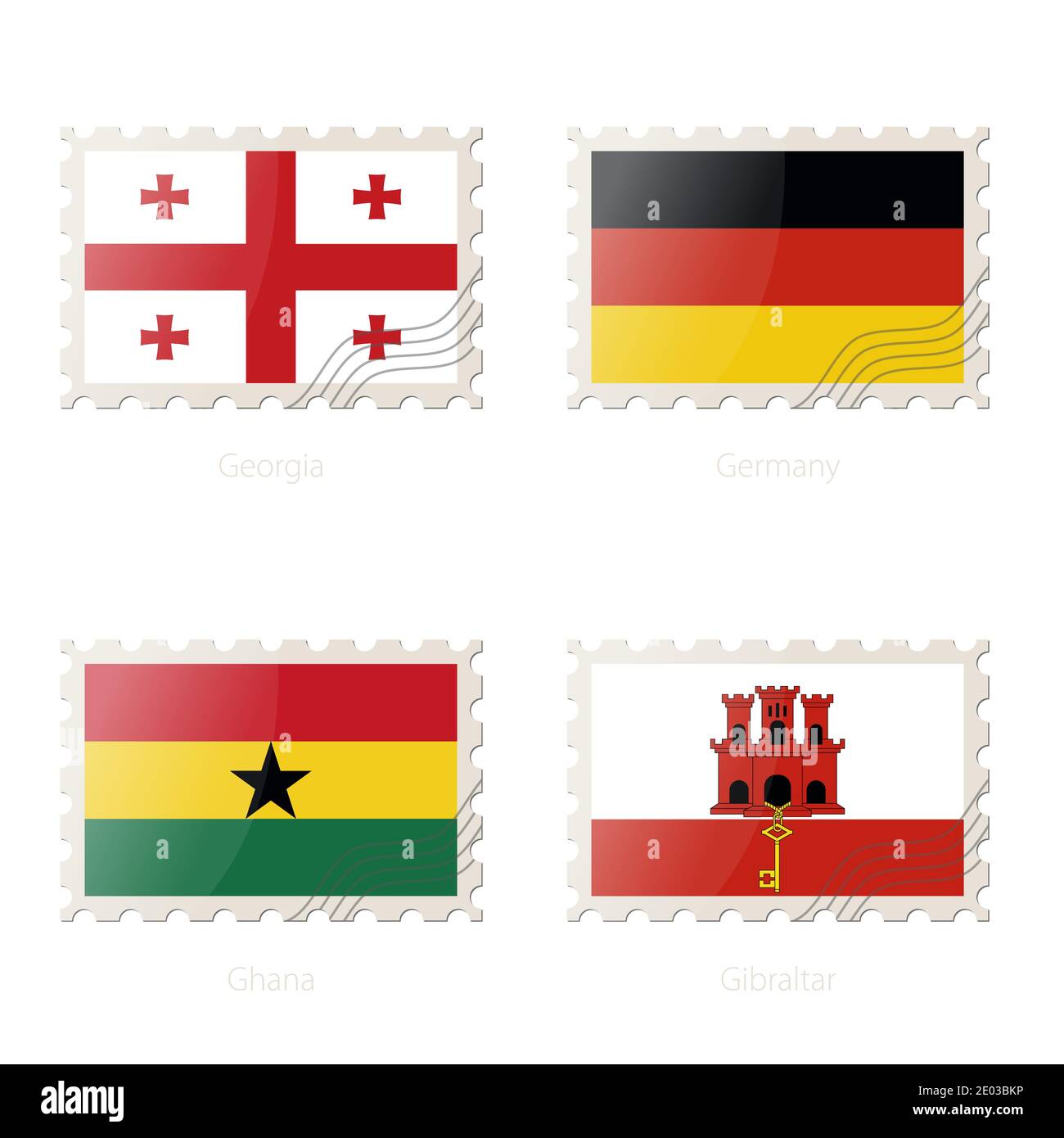 Postage stamp with the image of Georgia, Germany, Ghana, Gibraltar flag. Ghana, Gibraltar, Georgia, Germany Flag Postage on white background with shad Stock Vector
