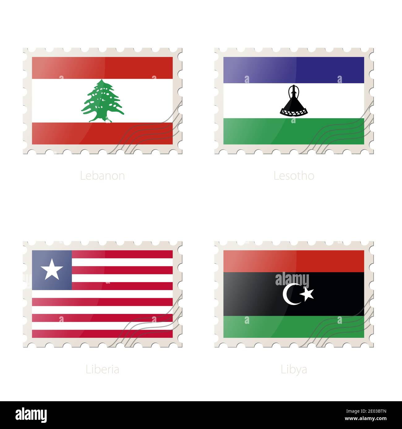Postage stamp with the image of Lebanon, Lesotho, Liberia, Libya flag. Vector Illustration. Stock Vector