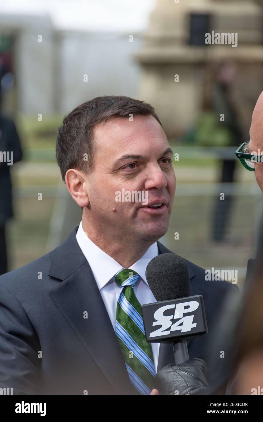 Tim Hudak, Progressive Conservative Leader in Ontario, Canada. Interview for CP24 during Jim Flaherty State Funeral, Toronto, Canada-April 2014 Stock Photo